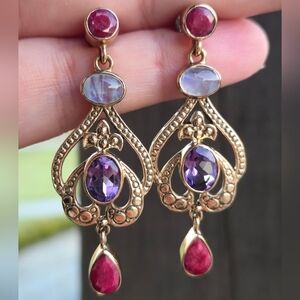 Nicky Butler Designer NB Bronze Collection Amethyst Ruby Moonstone Earrings 2"